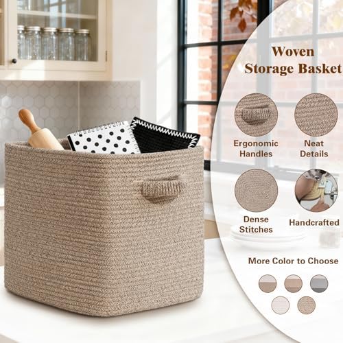 15×13 Inch Storage Cubes, 3 Pack Cube Storage Bins for Organizing, Cotton Rope Woven Baskets for Shelves, Bathroom, Kids Room, Closets, Baby Nursery