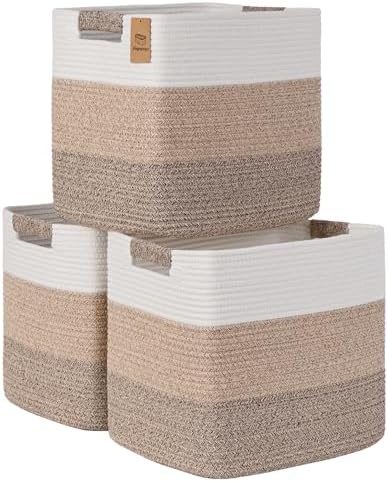 15×13 Inch Storage Cubes, 3 Pack Cube Storage Bins for Organizing, Cotton Rope Woven Baskets for Shelves, Bathroom, Kids Room, Closets, Baby Nursery