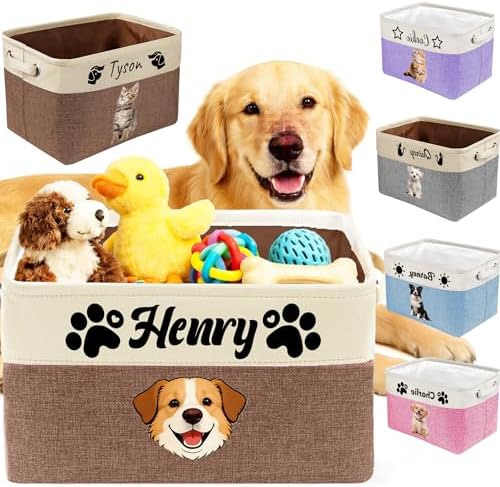Personalized Dog Toy Box Custom Pet Storage Basket with Name Photo Personalized Collapsible Organizer Basket for Pet Toys Clothes Blankets Brown