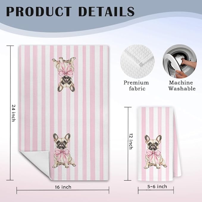Pink Bow French Dog Kitchen Towels, French Bulldog Gifts Dish Tea Towels for Kitchen Decor, Preppy Girly Frenchie Dog Decorative Hand Towel Bathroom Decor, 16x24 Inch Set of 2