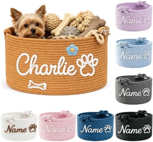 Personalized Dog Toy Basket with Name, Custom Puppy Toy Basket Bins, Personalized Pet Toy Rope Basket for Dogs Birthday Gifts Basket, Unique Gift for Pet Lovers