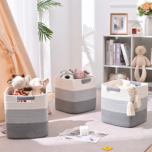 11 Inch Storage Cubes, 3 Pack Cube Storage Bins for Organizing, Cotton Rope Woven Baskets for Shelves, Bathroom, Kids Room, Closets, Baby Nursery