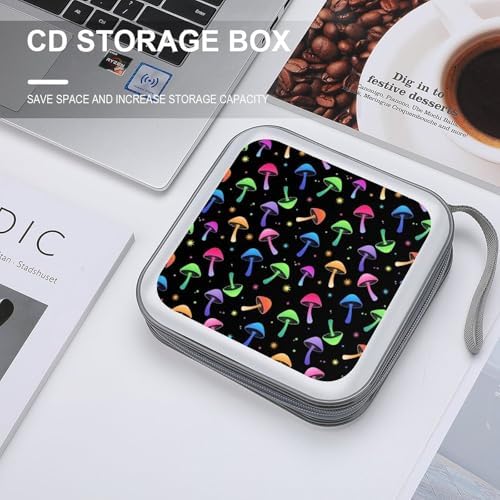 Hard Plastic CD/DVD Organizer Colorful Neon Mushrooms, 40-Disc Storage Binder with Zipper, Portable Protective Case for Car Office