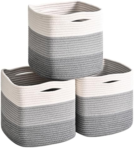 ICERZCZ 11 Inch Cube Storage Bins, Storage Cube Organizer Bins, Woven Cotton Rope Basket for Storage, Storage Baskets for Organizing Shelves, Grey Baskets for Toys, Gradient Grey (Pack of 3)