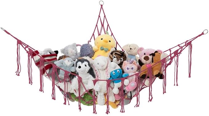 Stuffed Animal Storage Macrame Hammock, Large - Boho Room Decor Toy Storage - Corner Hanging Plushie Stuffed Animal Net Organizer (Pink)