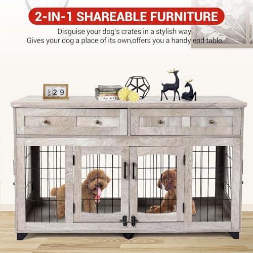 Large Dog Crate Furniture 58" with 2 Drawers & Divider | Heavy-Duty Wood Frame; Detachable Divider; Fits Two Dogs; Sturdy & Chew-Resistant; Easy Assembly; For Living Room Or Bedroom