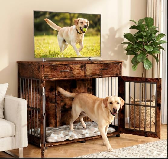 VOWNER 43.3" Large Dog Crate Furniture with 2 Drawers, Brown | Wooden Dog Kennel Furniture End Table with 3 Doors, XL Dog Kennel Indoor with Storage, Dog Cage TV Stand for Large Medium Dog