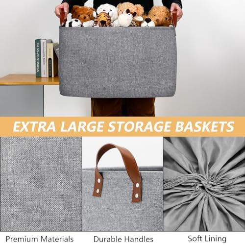 DULLEMELO Extra Large Grey Basket for Organizing, Collapsible Fabric Storage Basket with Handles, 70L Oversized Storage Bin, Large Closet Toys Blanket Organizer for Living Room, Laundry, Nursery