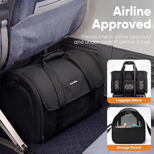 FUKUMARU Cat Carrier Soft, Ultra Lightweight Airline Approved Dog Carrier | Kitten Carrier with Anti-Scratch Mesh, Breathable Small Dog Carrier Bag, Collapsible Pet Carrier for Cats Under 15 lb, Black