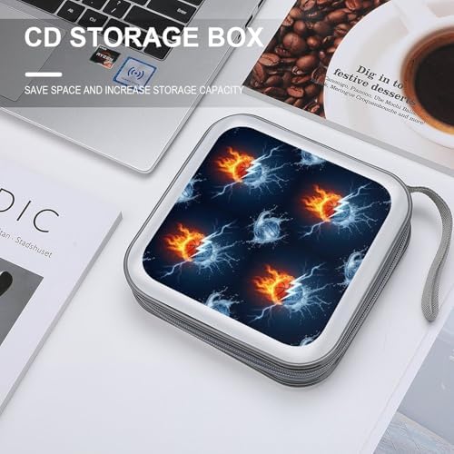 40-Capacity DVD CD Storage Wallet Ice Water Fire Flame Basketball, Heavy-Duty Hard Shell Binder, Portable Organizer with Strap for Car Travel