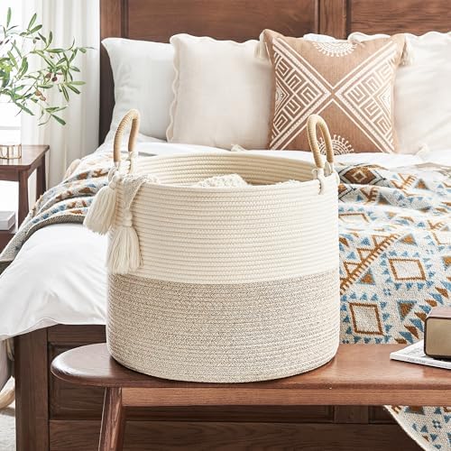 KAKAMAY Large Blanket Basket (18"x18"x16"), Woven Baby Laundry Hamper for Storage, Cotton Rope Basket for Nursery, Laundry, Living Room, Pillows, Baby Toy Chest with Handles (Black Stripes)