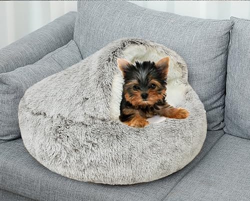 Dog Cave Bed for Small Dogs Cats Pets, Anti Anxiety Calming Plush Dog Beds, Fluffy Covered Hooded Cozy Burrow Puppy Beds, Anti-Slip Bottom Washable Pet Sleeping Bag (20" D, Coffee)