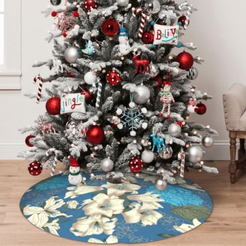 Christmas Tree Skirt, Soft Polyester Xmas Tree Skirts with Ribbon Ties, Rustic Farmhouse Holiday Party Decorations Illustration of Hydrangea and Lilies 48"