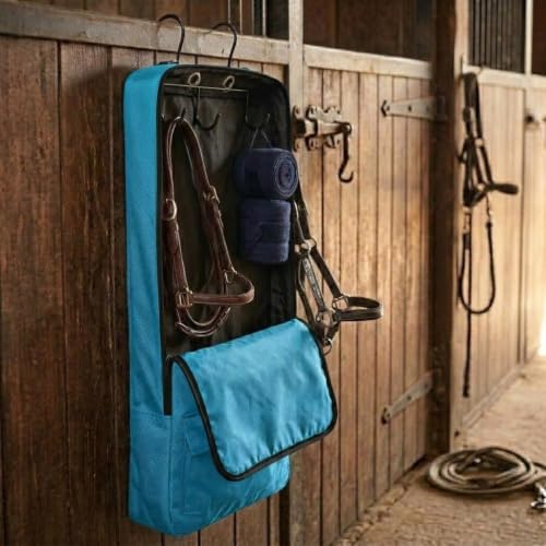 Hanging Horse Bridle Bag, Tack Storage Organizer with Hooks, Blue | Hanging bridle bag, horse tack carry case, halter storage organizer, barn equipment container, equestrian travel pack