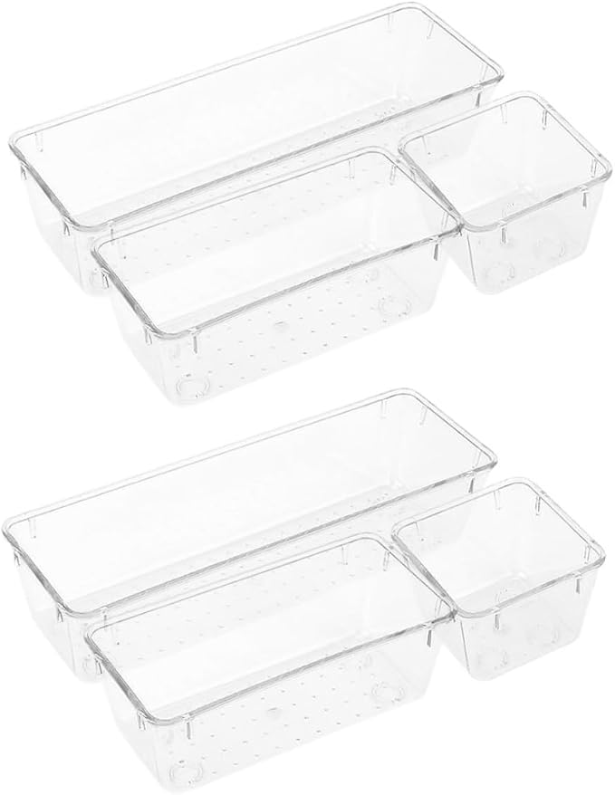 Lurrose 6pcs Multi-functional Clear Drawer Organizer Set Transparent Storage Trays for Makeup Office Supplies and Kitchen Utensils for Spaces and Easy Cleaning