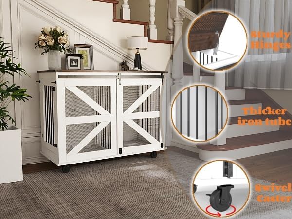 47.2'' Mobile Dog Crate with Flip-Top Feeder & Dual Doors, Multi-Purpose Pet Kennel with 5-Wheel Caster System,Locks & Side Hooks, Brown White, Brown White