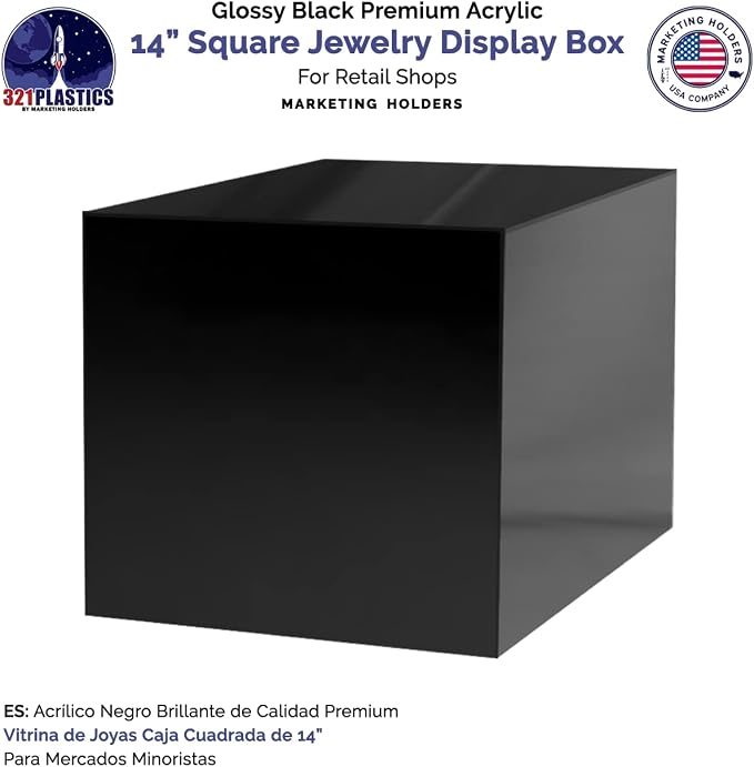 6 Pack 14 Inch Black Acrylic Display Box with One Open Side One Piece No LidsVersatile Square Merchandise Storage Bin or Retail Product Riser by Marketing Holders