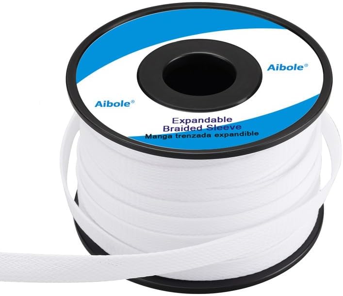 100Ft-1/4inch PET Expandable Braided Wire Sleeving,Wire Loom Cable Sleeve for TV,Computer,Home Theater,Automotive,Home Industrial,Electrical Wires,Chemical,Protect Cat from Chewing Cords,White