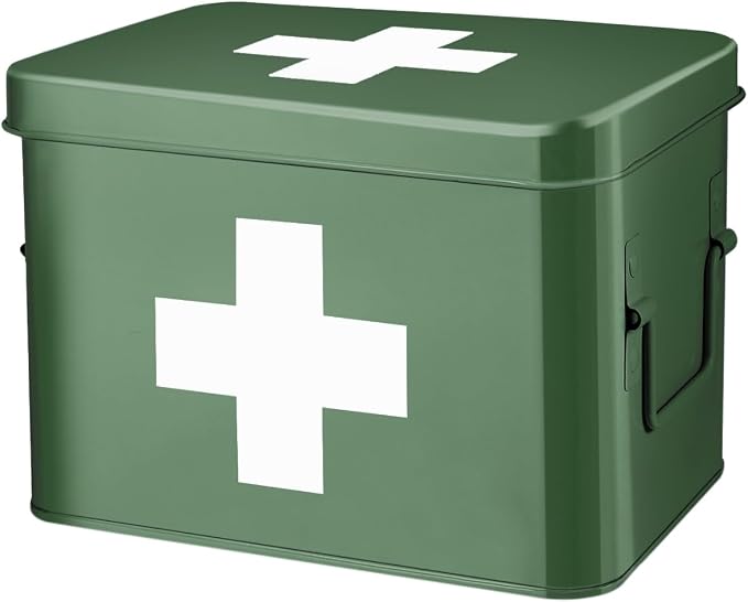 Flexzion Large Metal First Aid Box Empty, 8.5-Inch, Green with White Cross | Vintage Medicine Box and First Aid Storage Organizer with Removable Tray and Dividers; Empty Box Only, Supplies Not Included