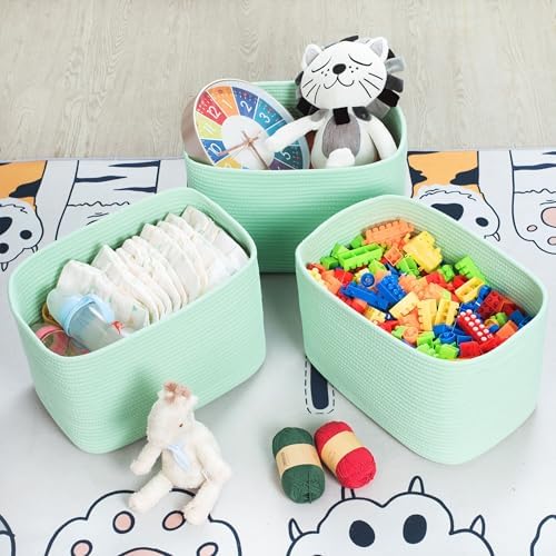 MINTWOOD Design 3-Pack Decorative Woven Storage Baskets for Shelves, Cube Bin Box for Organizing Books, Shoes, Dog Toys, Pantry Closet and Living Room Organizer, Mint