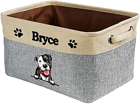 Custom Fabric Dog Toy Storage Basket with My Love Dog Pit Bull Collapsible Sturdy Fabric Pet Toys Storage Bin Cube with Handles for Organizing, Grey and White
