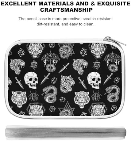 Large Cute Pencil Case, Colored Pen Pouch With Zipper Storage And Organizer Tattoo Dice Diamond Skull Tiger Snake Spider Knife Black