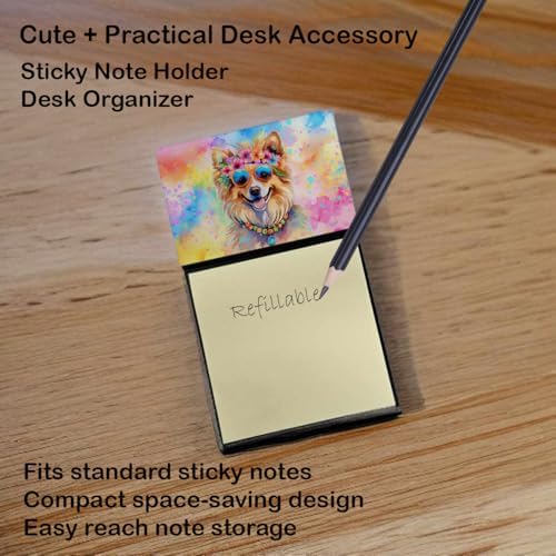 Caroline's Treasures Pomeranian Hippie Dawg Sticky Note Holder Refillable Dispenser Self-Sticky Note Pads, Memo Pads Blank Desk Accessories