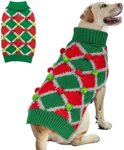 cyeollo Dog Christmas Sweater, Turtleneck Pullover Holiday Outfit, Ball 3XL