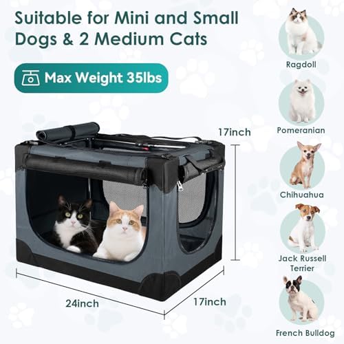 24 Inch Collapsible Soft Dog Crate for Small Dogs, Travel Dog Crate Grey | Portable Dog Crate Soft Sided, 4-sided Mesh Vents, Foldable with Storage Bag, Fit Small Dogs & Large Cats, Indoor/Outdoor