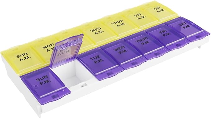 Ezy Dose Weekly (7-Day) AM/PM Pill Organizer, 2XL Planner, Purple/Yellow | Daily Medicine, Vitamin & Supplement Case, 2 Times a Day Pop-Up Compartments, Arthritis-Friendly, Travel-Friendly, BPA-Free