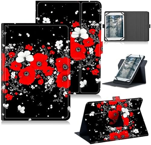Universal Case for T-Mobile Revvl Tab 2 10.1" Model:9185W 2025/Revvl Tab 5G 10.36" 2023, 360 Degree Rotating Kickstand Protective Stand Leather Shell Cover for 9"-10.5", Red White Flowers
