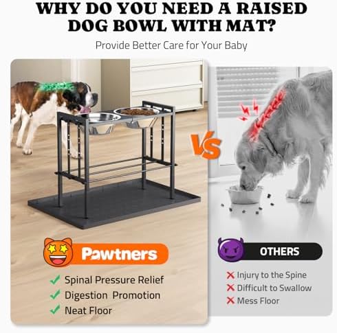Pawtners Elevated Dog Bowl for Large Breed, Adjustable Feeder with Mat