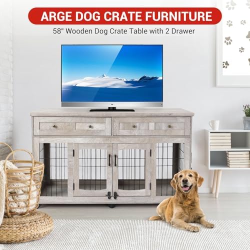 Large Dog Crate Furniture 58" with 2 Drawers & Divider | Heavy-Duty Wood Frame; Detachable Divider; Fits Two Dogs; Sturdy & Chew-Resistant; Easy Assembly; For Living Room Or Bedroom