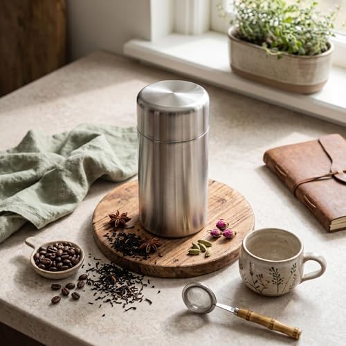 AUNMAS Airtight Tea Coffee Storage Container, 304 Stainless Steel Canister with Double Sealed Lid, 550ml Kitchen Counter Jar for Freshness
