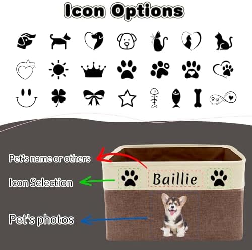 Personalized Fabric Dog Toy Basket Custom Pet Collapsible Toy Box with Name Picture Customized Storage Bins for Dog Toy Clothing,Brown
