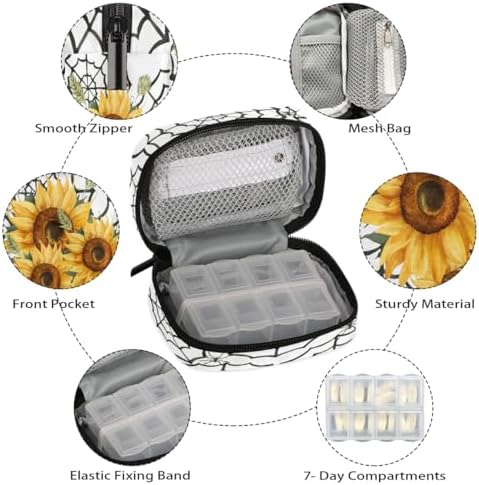 Pill Organizer Box Flower Spring Sunflower 7-Day Weekly Medicine Pill Case Travel Pill Container Portable Pill Holder Storage Purse Bag Small Compact Size for Vitamin Supplement Birth Control