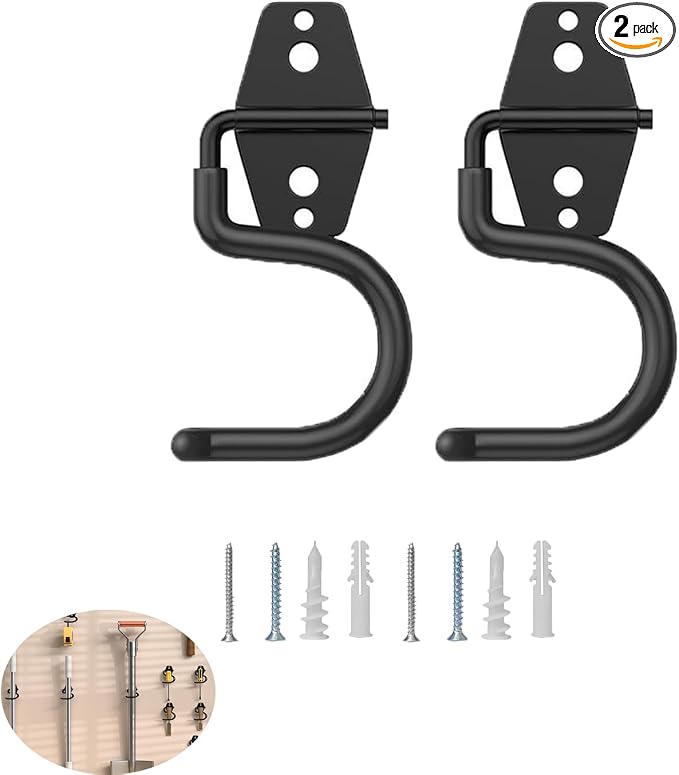 2 Pack Broom Holder Wall Mount Heavy Duty Mop Hanger with Screws Anchors Stand-Alone Hook Handle Grabber Gripper Organizer for Garage Storage Cleaning Tools Mops Garden Hammer Shovel
