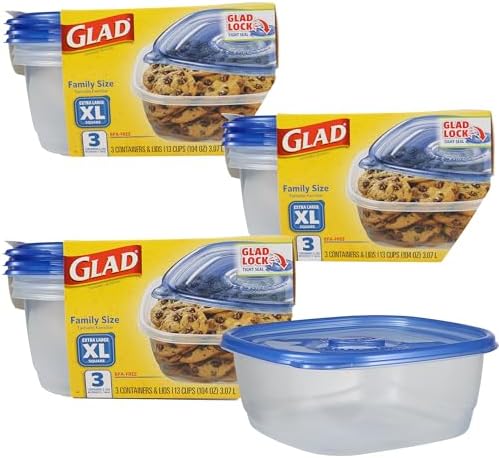 Glad GladWare XL Square Food Storage Containers, 104 Oz, 3 Count, 3-Pack | BPA-free, dishwasher-safe containers for leftovers, meal prep, and freezer storage; family-size capacity