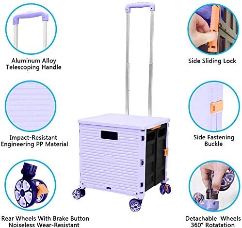 Quick Utility Cart Folding Portable Rolling Crate Handcart with Durable Heavy Duty Plastic Telescoping Handle Collapsible 4 Rotate Wheels for Travel Shopping Moving Luggage Office Use (Purple)