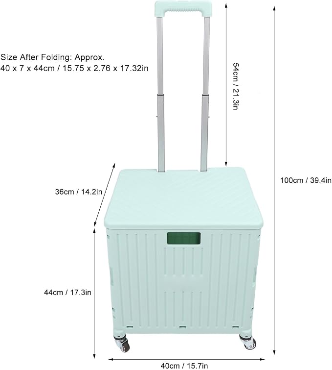 Folding Utility Cart, Portable Rolling Crate Handcart with Telescoping Handle, Large Capacity Storage Cart for Outdoor Shopping Travel, 15.75in x 14.17in x 39.37in (Green)