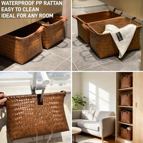 GIB Wicker Woven Storage Baskets for Organizing Blankets Laundry Shelves | Clothes Hamper, Large Closet Storage Bins Organizer, for Living Room Toys Shoes Organization, Plastic Rattan, Brown, 4 Pack