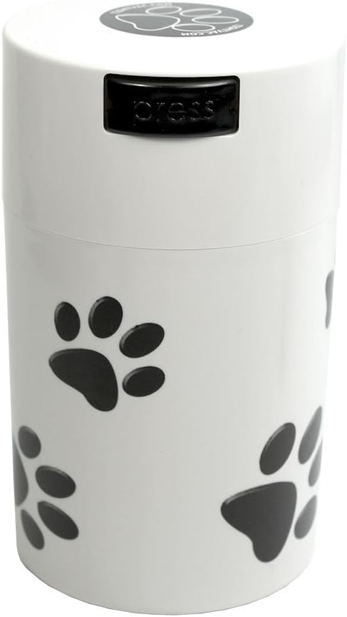 Tightpac Pawvac 1 to 6 Ounces Container, Airtight Pet Food and Treats Storage Jar - Patented Vacuum Seal Container for Pet Food, Treats and other Dry Goods - White with Paws