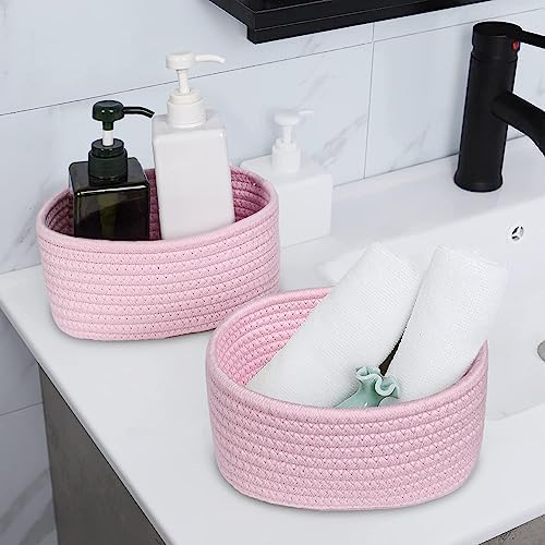 【2 Pack】ABenkle Small Woven Baskets, Tiny Oval Shallow Storage Baskets, Mini Cotton Rope Empty Decorative Basket, Boho Little Organizer Bins for Bathroom, Cat Dog Toy Gifts Baskets