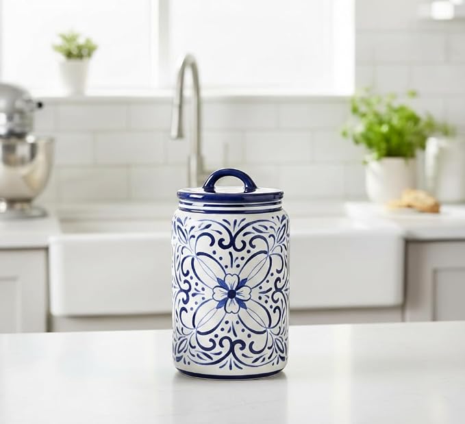 Young's Inc Ceramic Blue and White Talavera Treat Jar with Silcione Seal, 8 Inch Decorative Farmhouse Canister for Kitchen, Countertop, Storage Jar for Cookies, Tea, Sugar, Candy