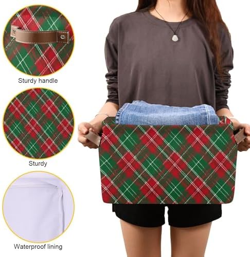 Christmas Buffalo Plaid Storage Basket with Waterproof Liner and PU Handles Winter Green Red Checked Storage Bins Boxes 14.2" Collapsible Decorative Organizer Baskets for Bedroom Closet Office 1 Pack
