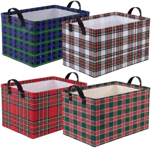 Breling 4 Pcs Christmas Plaid Baskets for Gifts Empty Checkered Christmas Storage Basket with Handles Storage Collapsible Boxes Organizer Decorations for Xmas Birthday Holiday Party Decor