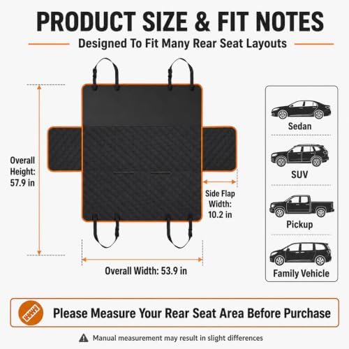 Dog Car Seat Cover for VW Caddy Transporter Crafter Amarok, Pet Seat Cover with Side Flaps, Durable Dog Hammock for Car Back Seat, Rear Seat Protector for Cars, SUVs & Trucks,A Black