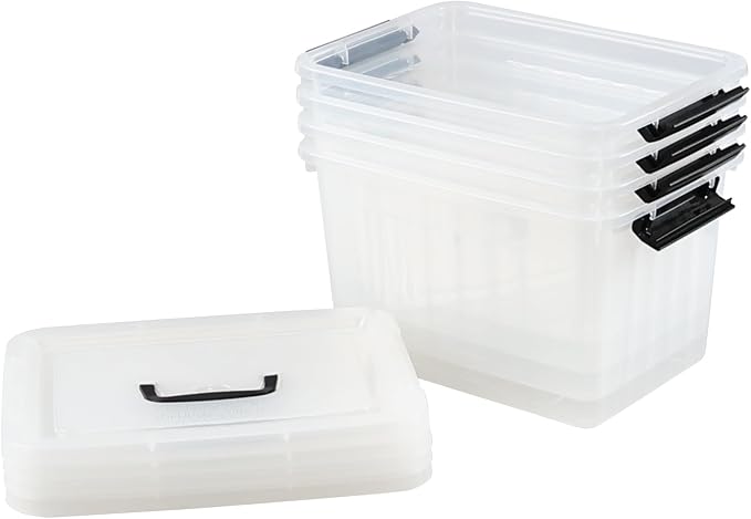 12 L Plastic Storage Bin with Lid, Clear Latch Storage Box, 4 Pack | Top Handle Design, Organize Daily Items