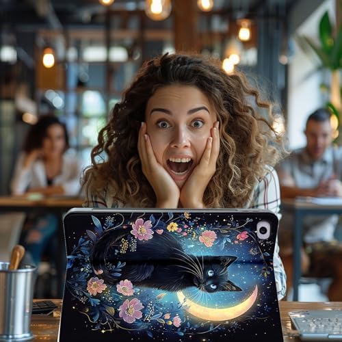 for Microsoft Surface Go 4/3/2/1-10.5" 2021 Tablet Case,Auto Wake/Sleep,Adjustable Stand Protective Cover - Black Cat Moonlight Floral