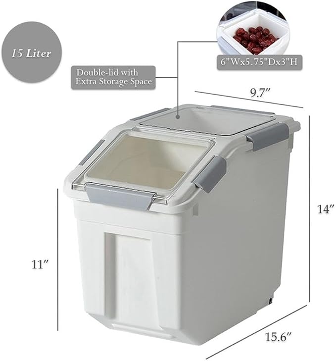 HANAMYA 15 Liter / 15 lbs Pet Food Storage Container with Measuring Cup, BPA free, For Dog Food | Cat Food | Rice | Grain | Flour, White & Gray, 2 counts